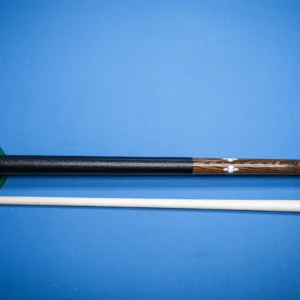 Full view of the handcrafted Coyote pool cue made with striking bocote wood